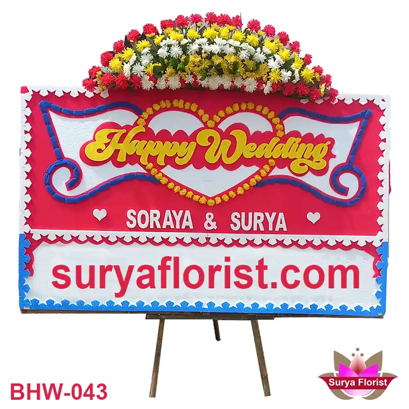 Contoh karangan bunga pernikahan happy wedding untuk spesial area pekayon